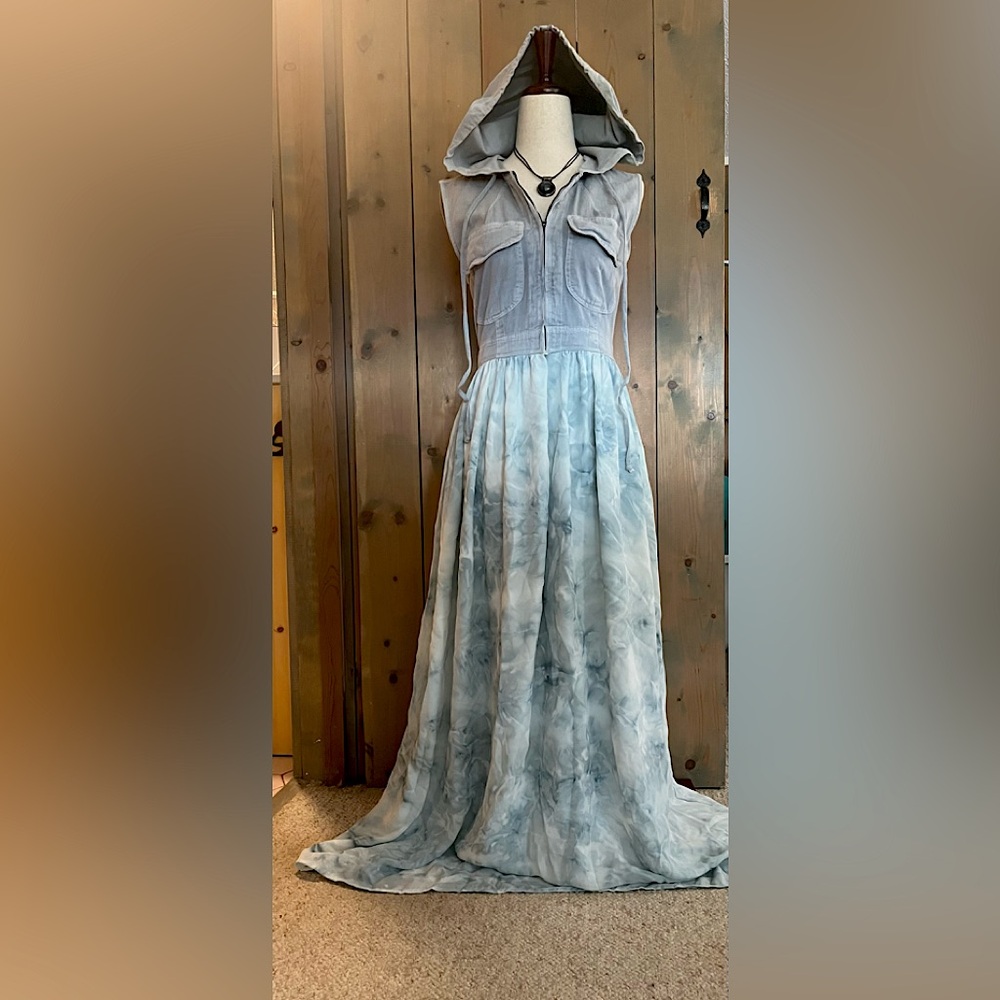 Blue Tie-Dye Denim/ Chiffon Sleeveless Hooded Maxi Dress